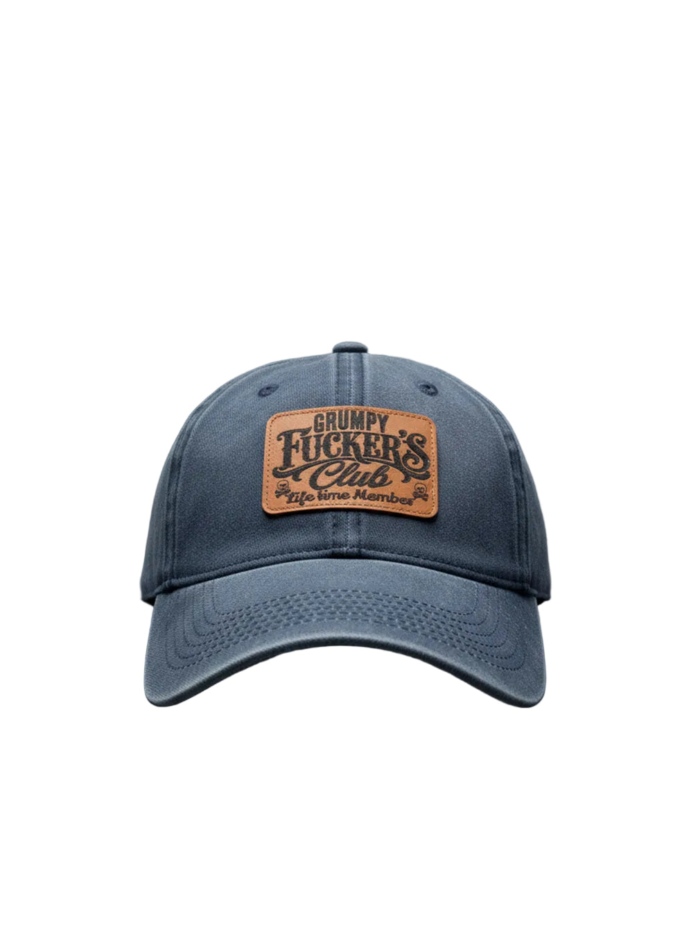 A blue denim baseball cap with a brown leather patch on the front that reads 'Grumpy Fucker's Club' and 'Life is Beautiful,' shown against a dark gray studio background.