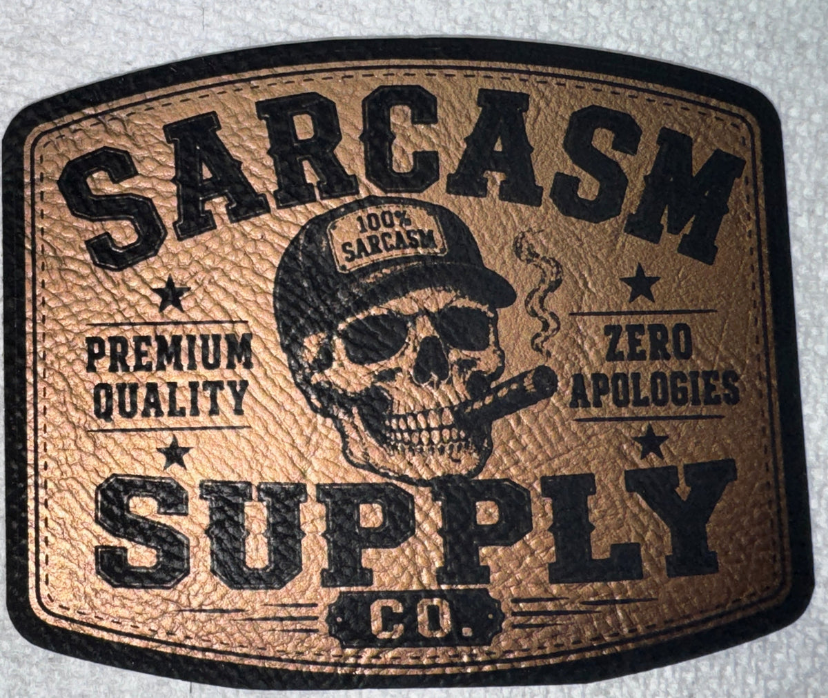 Sarcasm Supply Co. leather patch hat, side view
