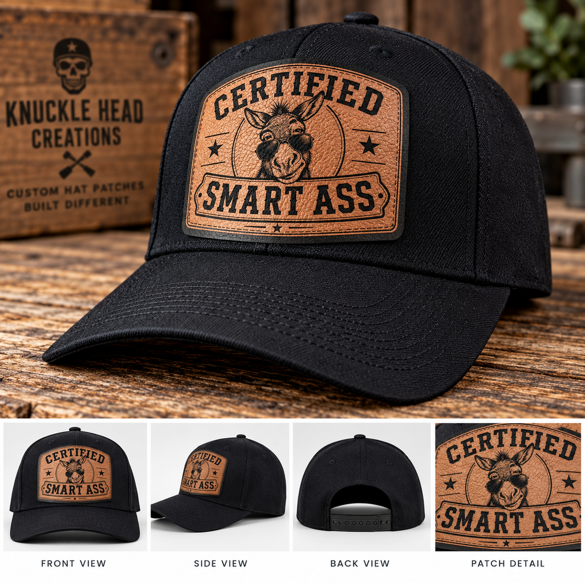 Certified Smart Ass leather patch trucker hat with sunglasses-wearing donkey design