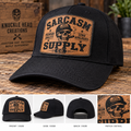 Sarcasm Supply Co. leather patch trucker hat with cigar-smoking skull design